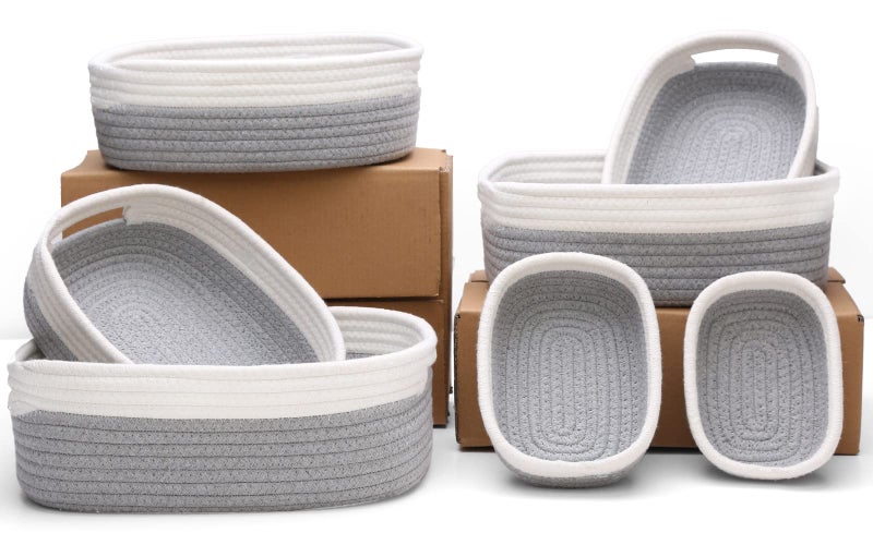 HLWDFLZ 7 Piece Cotton Rope Woven Basket Set - Small Basket for Baby Nursery, Pets, Montessori, Dog & Cat Toy Boxes, Bathroom Organization Bins (White/Gray) - Image 1